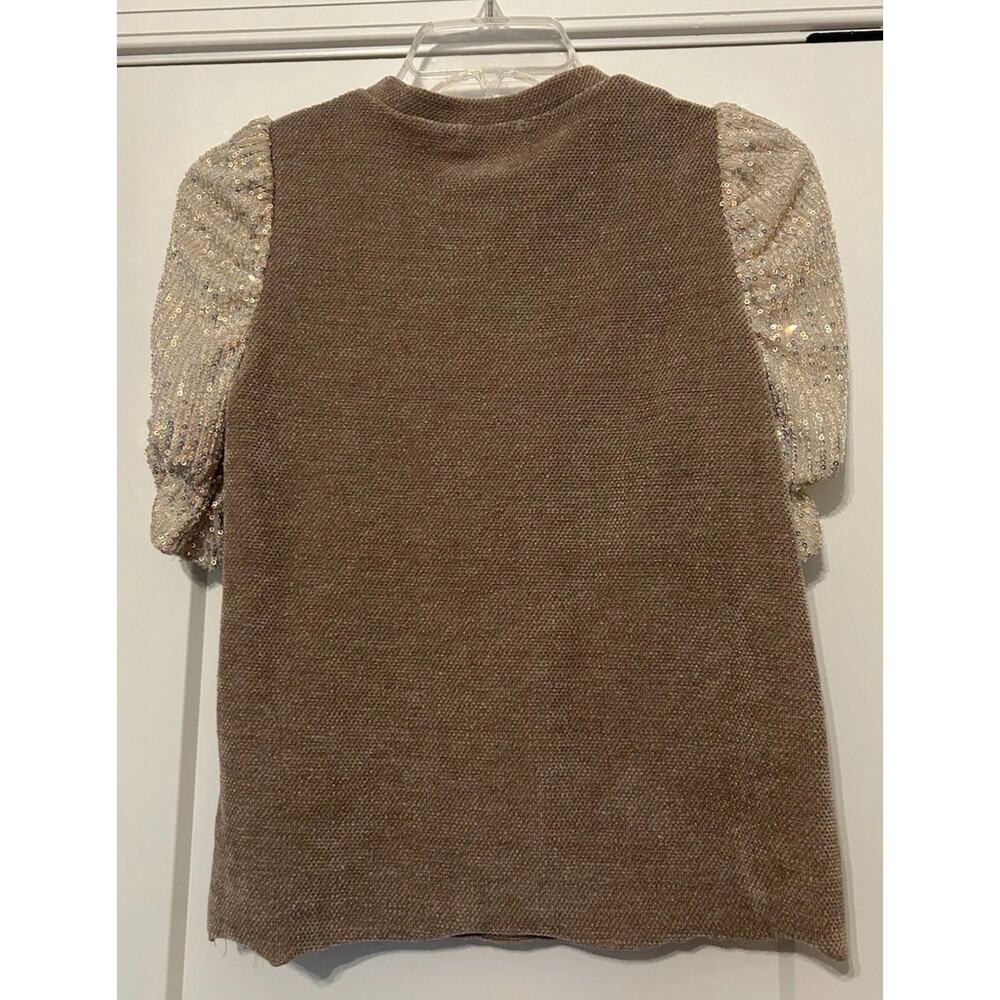 THML Brown Knit Top with Puff Gold Sparkle Sleeves - Picture 7 of 11